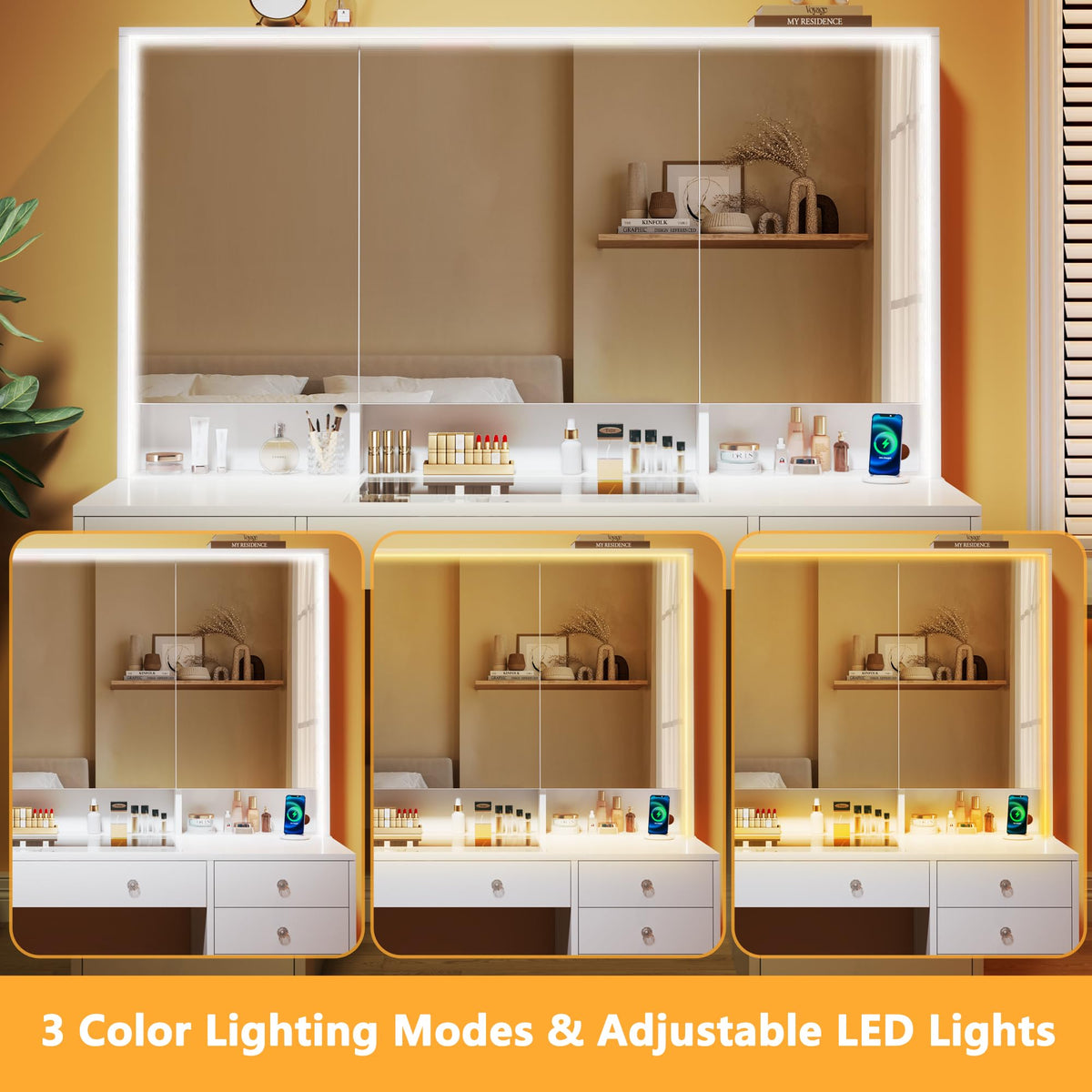 White Vanity Desk with Mirror and Lights V4369