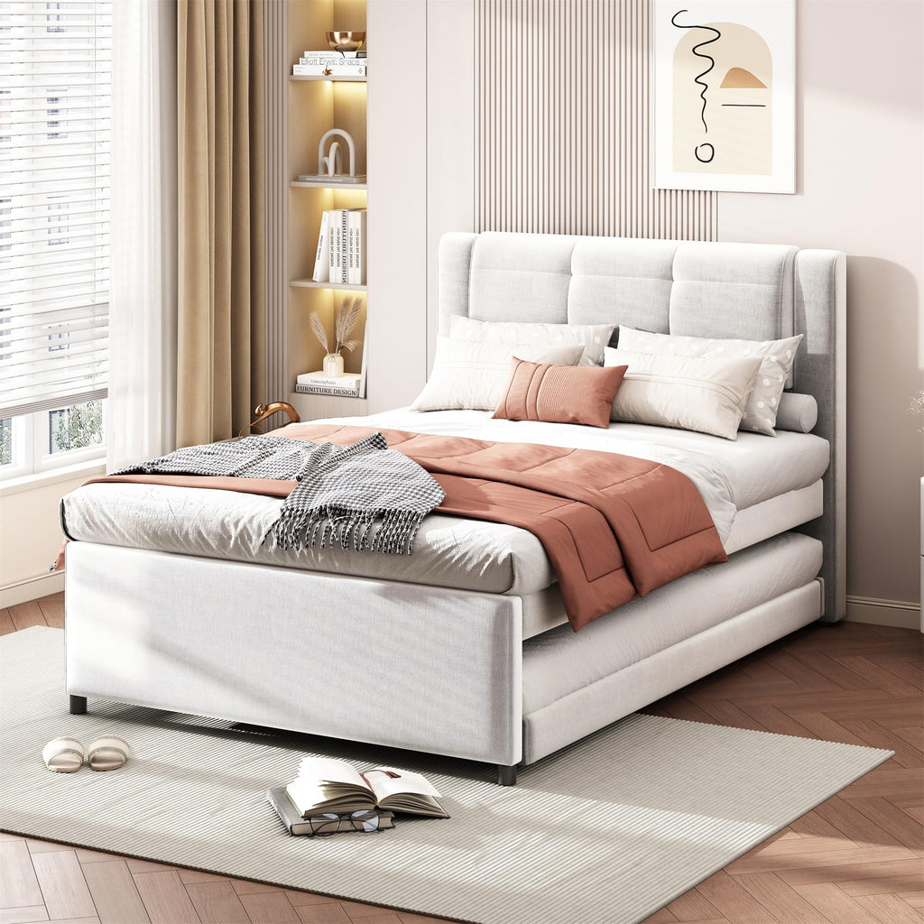 Full Size Linen Fabric Upholstered Platform Bed with Twin Size Trundle B899