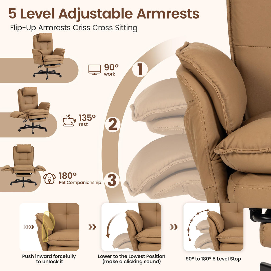 Brown Office Chair with Foot Rest & Flip Armrests V629