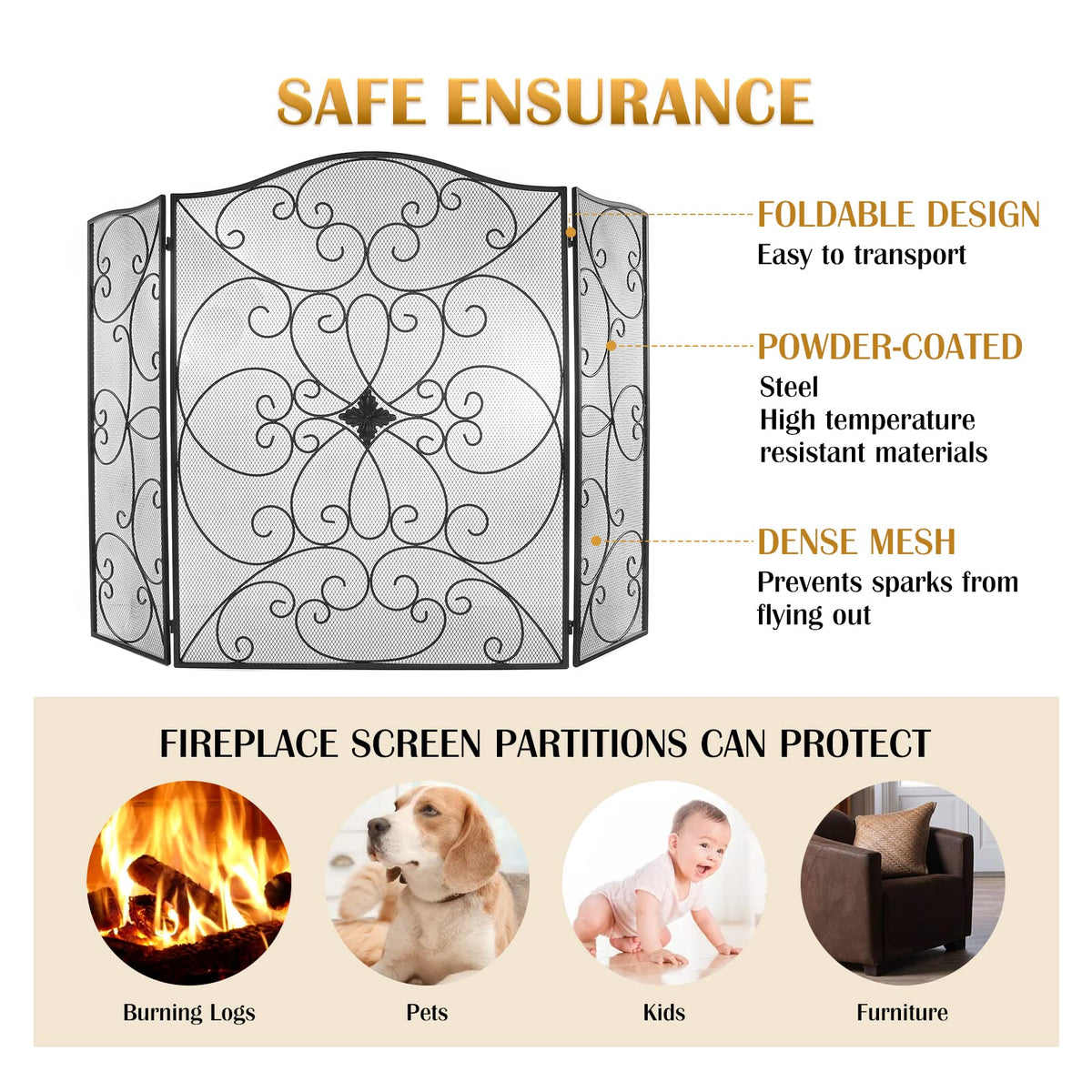 Black 3 Panel Foldable Wrought Iron Fireplace Screen Y191