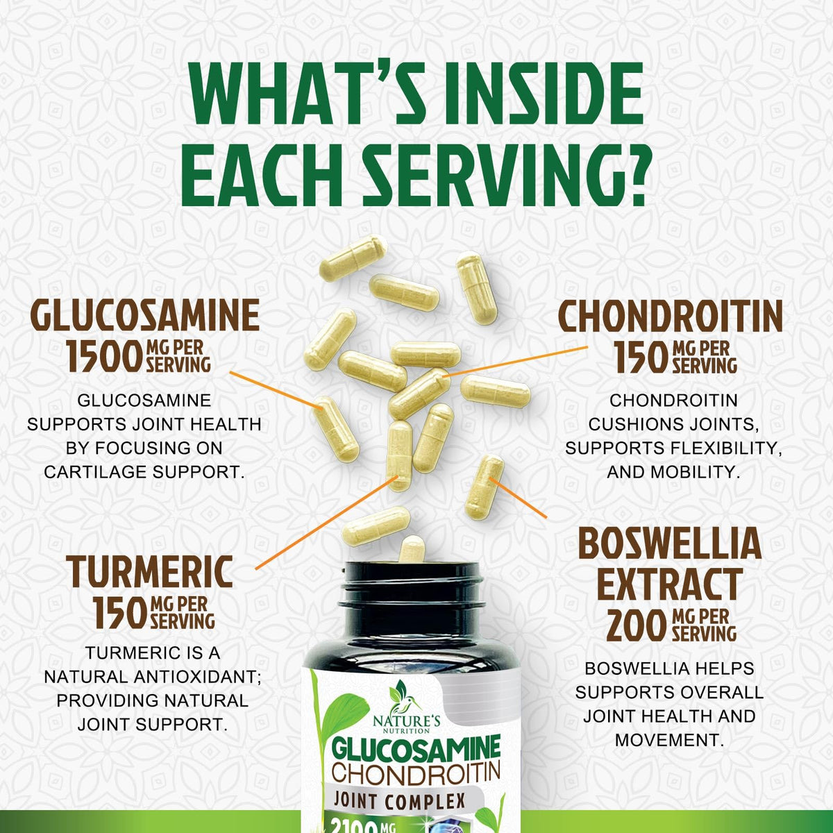 Glucosamine Chondroitin MSM 2100mg Joint Support Supplement with Turmeric & Boswellia 60 Capsules J9535