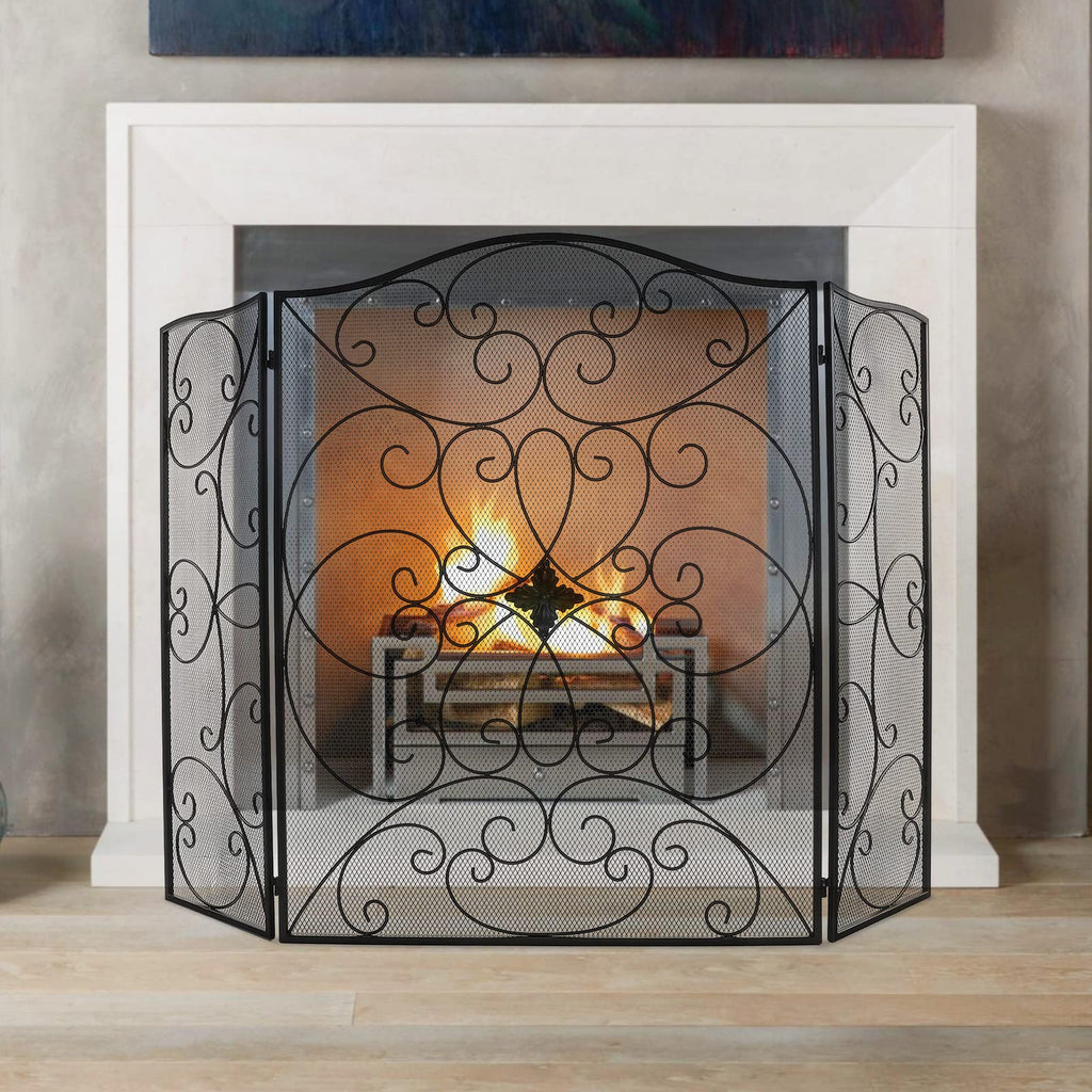 Black 3 Panel Foldable Wrought Iron Fireplace Screen Y191