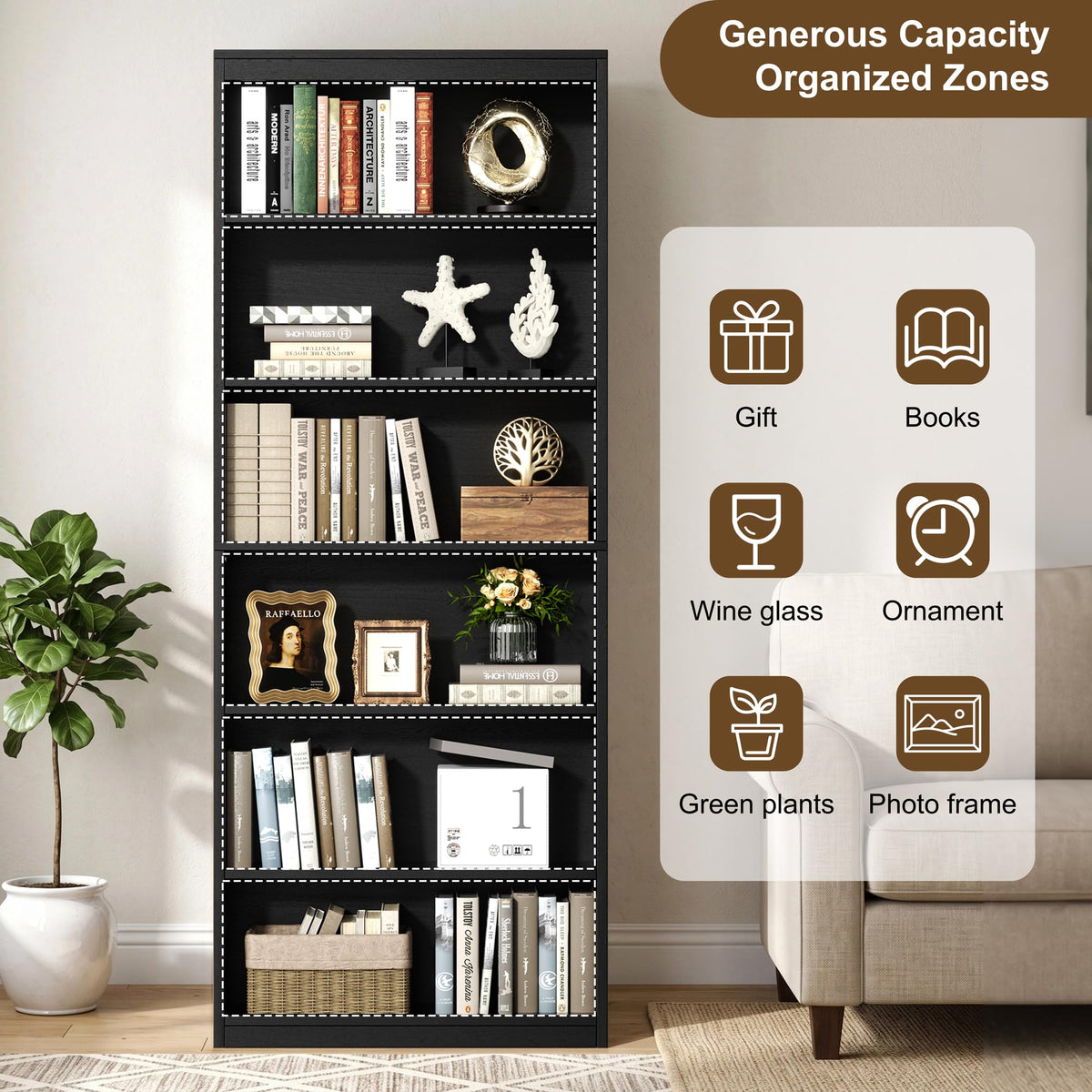 6-Tier Black Bookshelf K73129