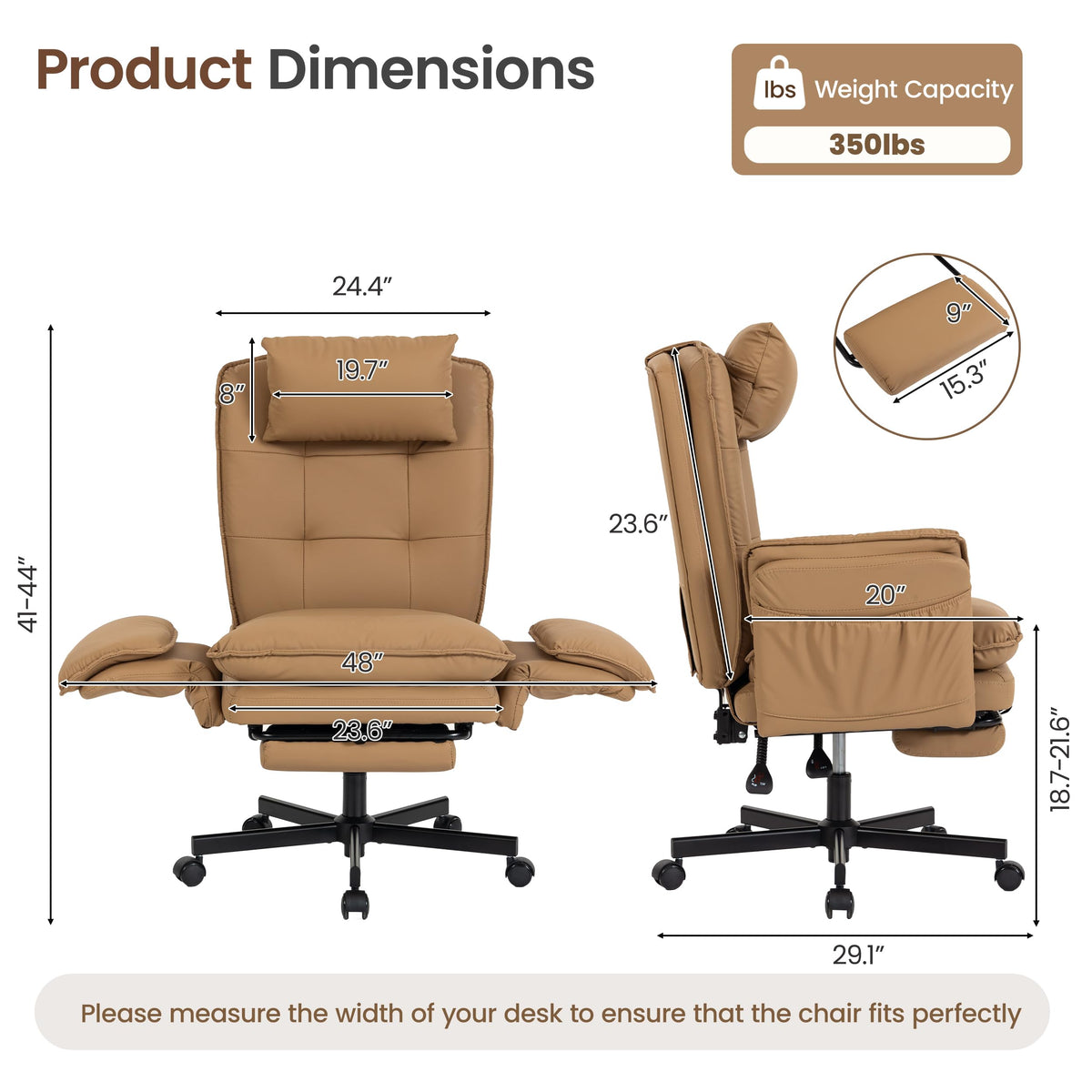 Brown Office Chair with Foot Rest & Flip Armrests V629