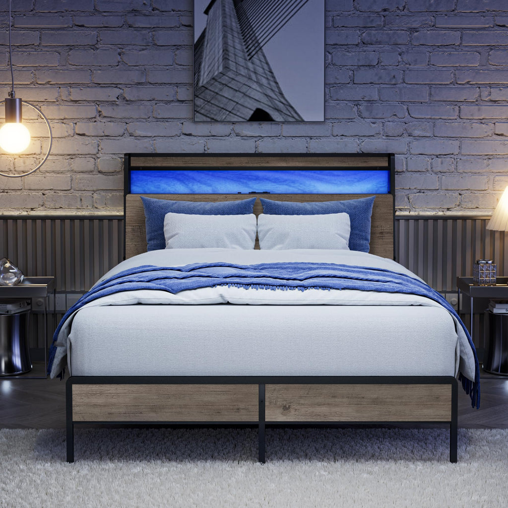 Queen Metal Platform Bed Frame with RGB Lights and Outlets A115
