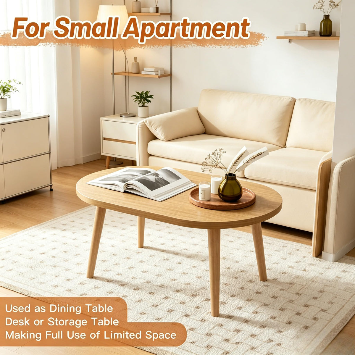 Small Oval Coffee Table with Solid Wood Legs T124
