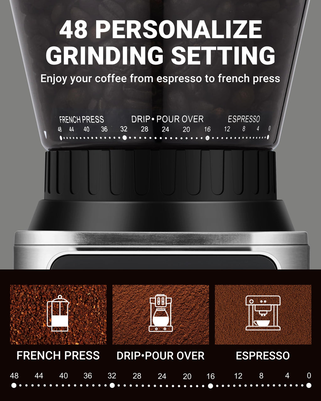 Burr Coffee Grinder, 48 Settings, Metallic Silver W94291