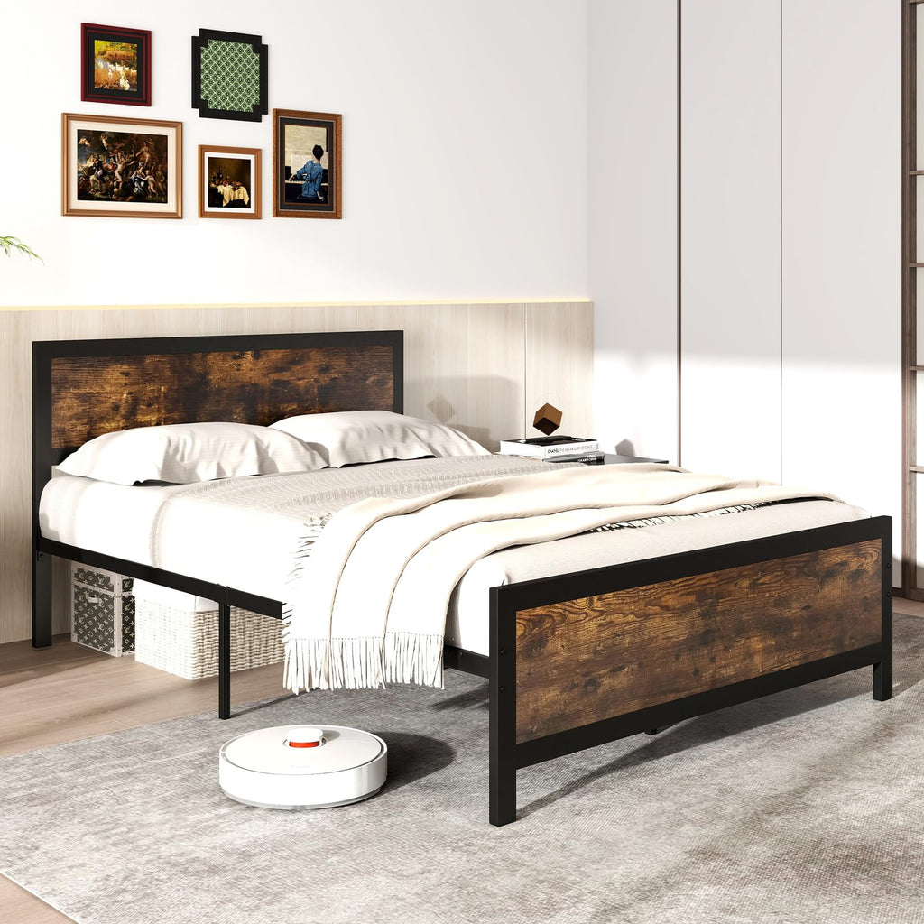 Metal Full Size Platform Bed Frame with Wood Headboard and Footboard R9805
