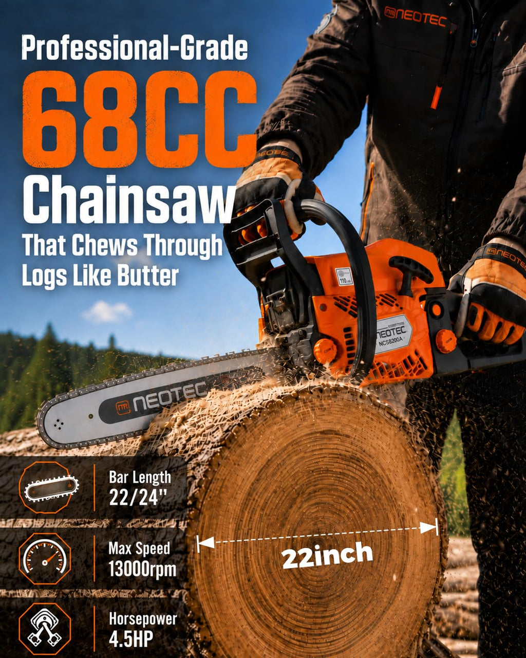 68CC Gas Powered Chainsaw 22 24 Inch Bars 2-Cycle C715050
