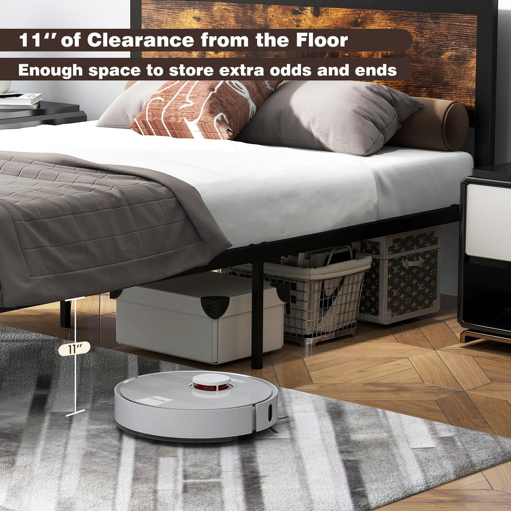 Metal Full Size Platform Bed Frame with Wood Headboard and Footboard R9805