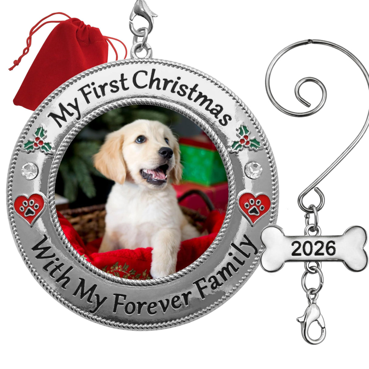 Dog Photo Ornament with Red Heart, 3 Inch S75647