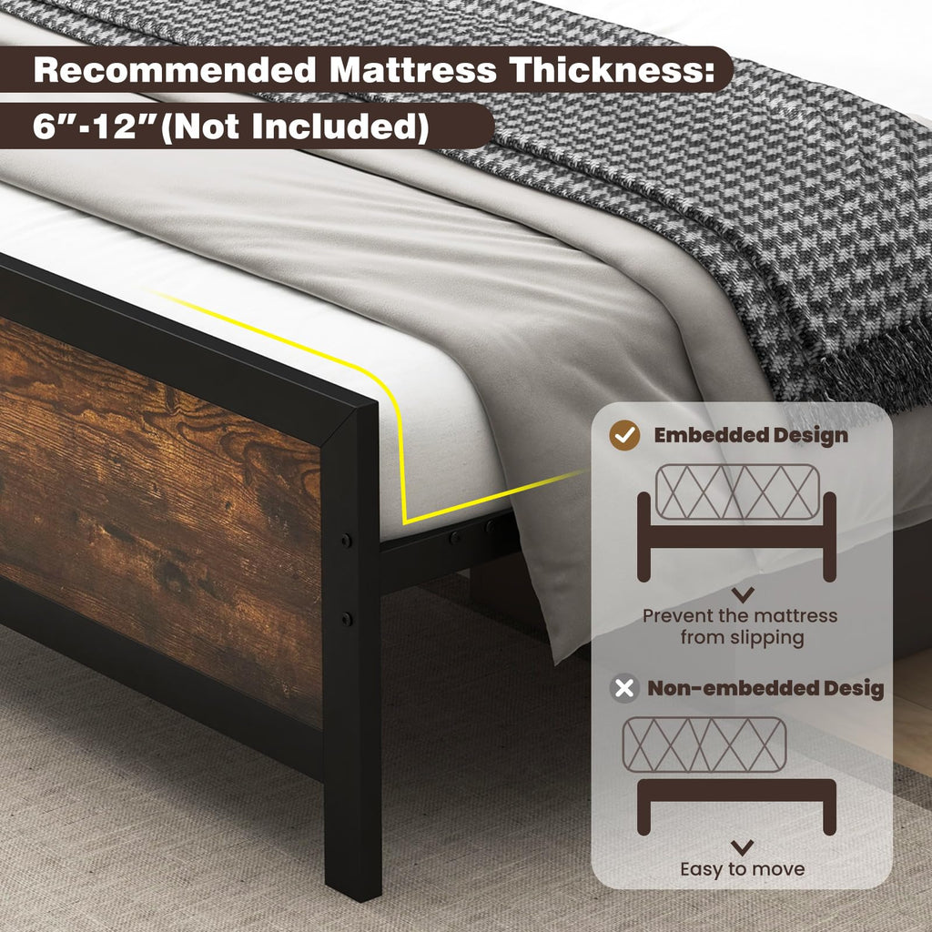 Metal Full Size Platform Bed Frame with Wood Headboard and Footboard R9805