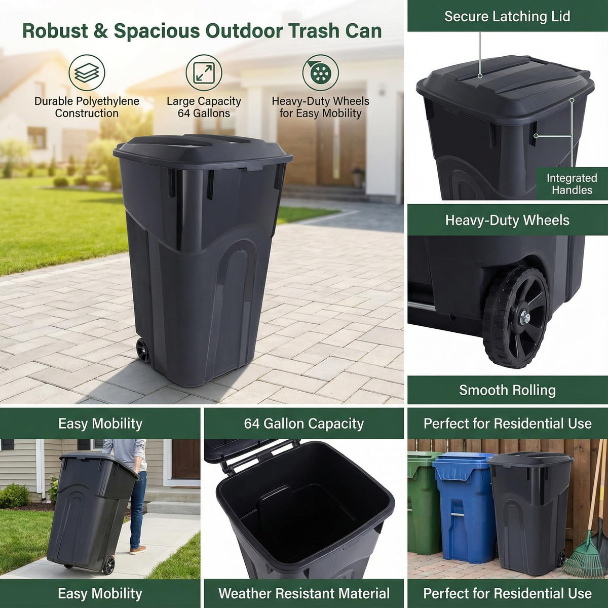32 Gallon Wheeled Heavy Duty Plastic Garbage Can with Attached Lid T750