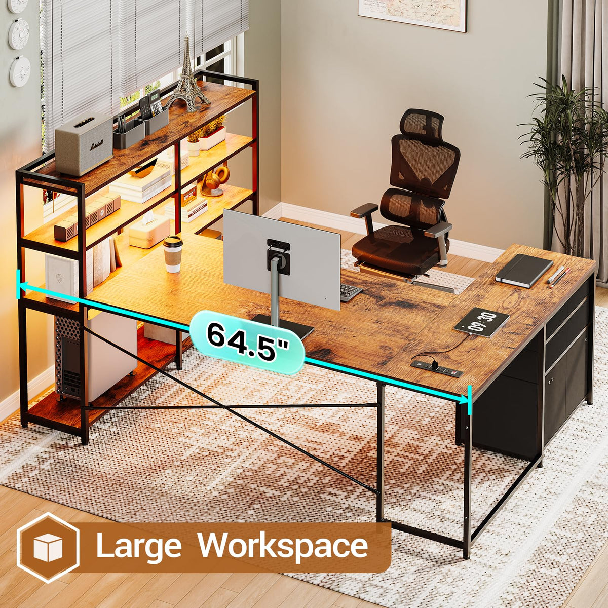 64.5" Reversible L Shaped Office Desk with Storage Drawers W364