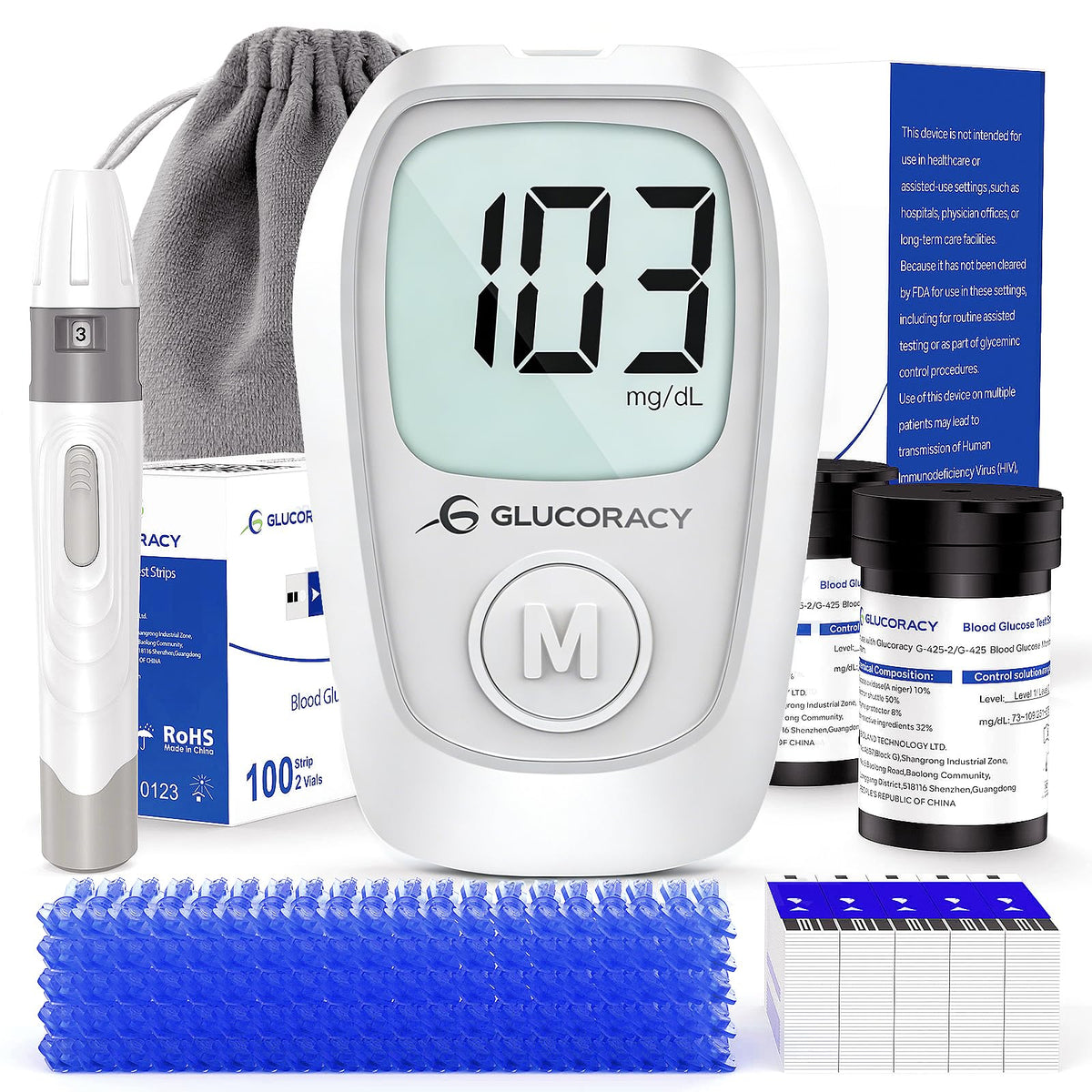 Glucose Monitor Kit, 100 Blood Glucose Strips, No Coding G3399