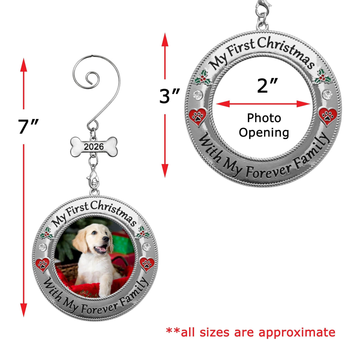 Dog Photo Ornament with Red Heart, 3 Inch S75647