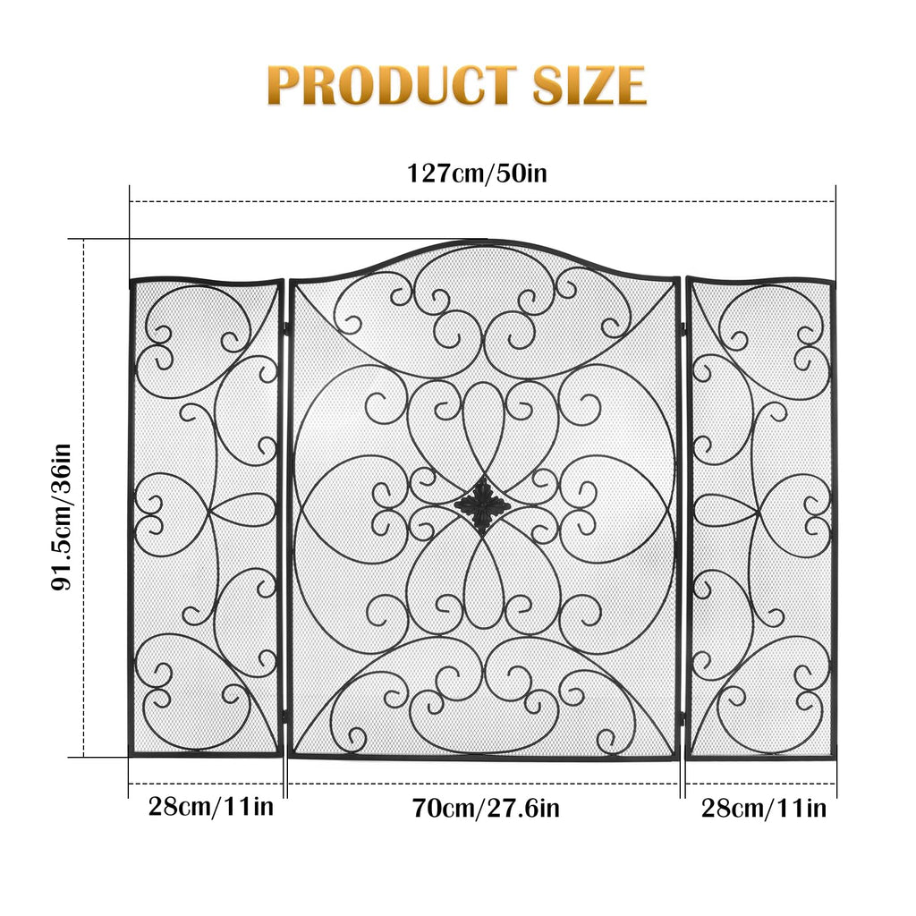 Black 3 Panel Foldable Wrought Iron Fireplace Screen Y191