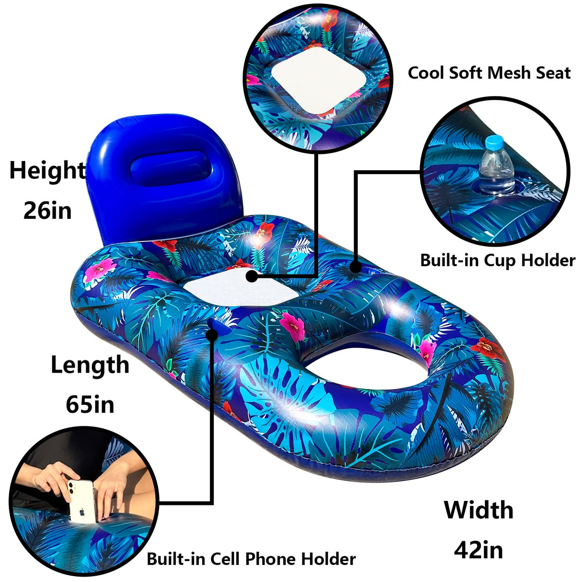 4 Pack Oversized Inflatable Pool Floats with Headrest and Cup Holder P1956