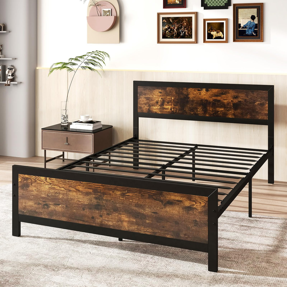 Metal Full Size Platform Bed Frame with Wood Headboard and Footboard R9805
