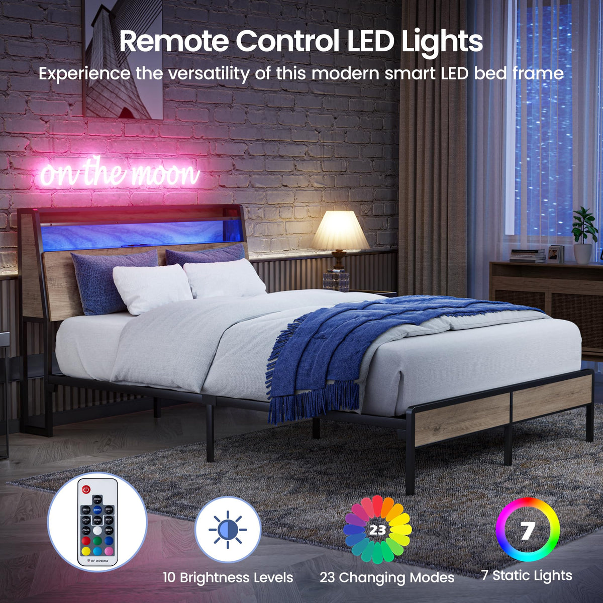 Queen Metal Platform Bed Frame with RGB Lights and Outlets A115