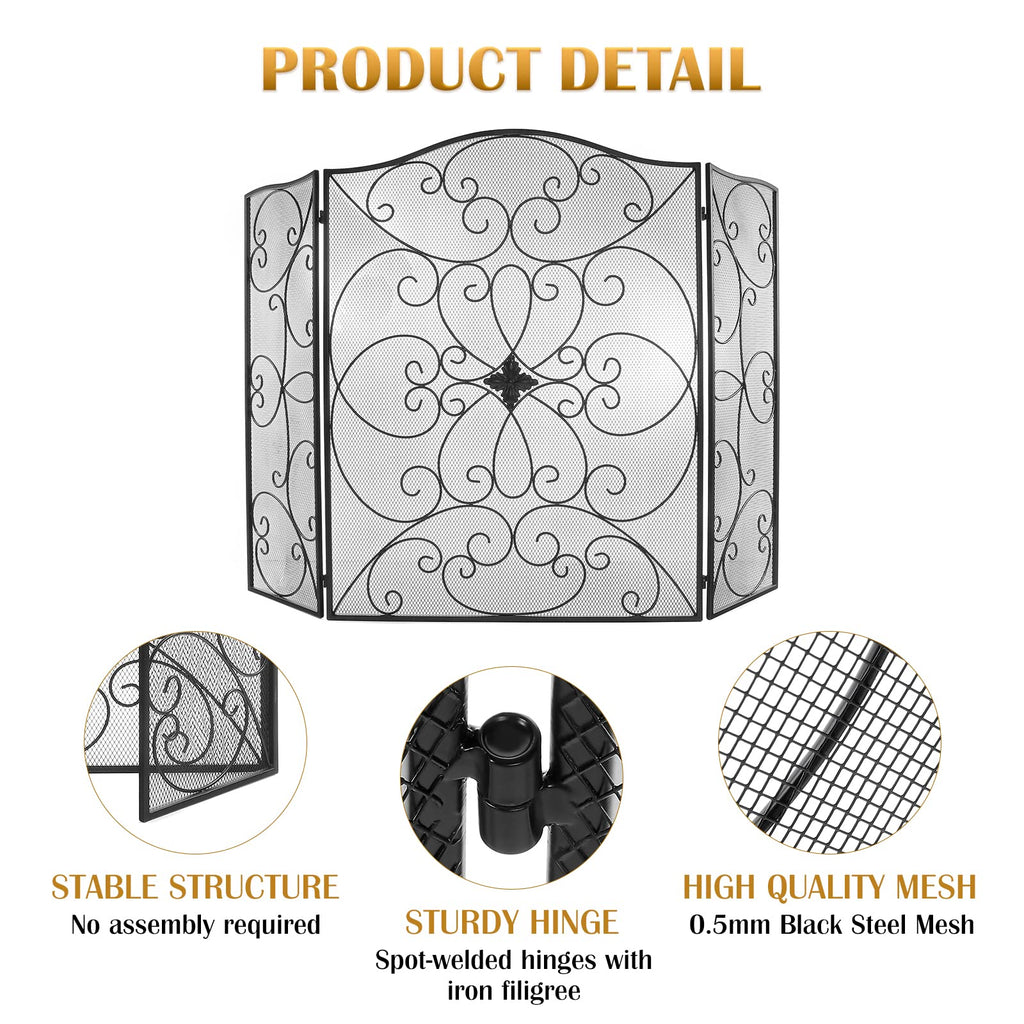 Black 3 Panel Foldable Wrought Iron Fireplace Screen Y191