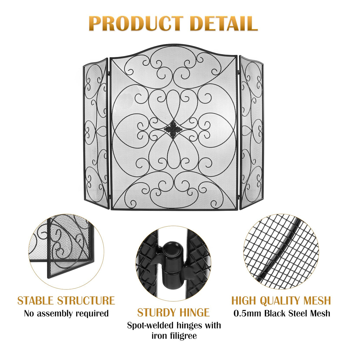 Black 3 Panel Foldable Wrought Iron Fireplace Screen Y191