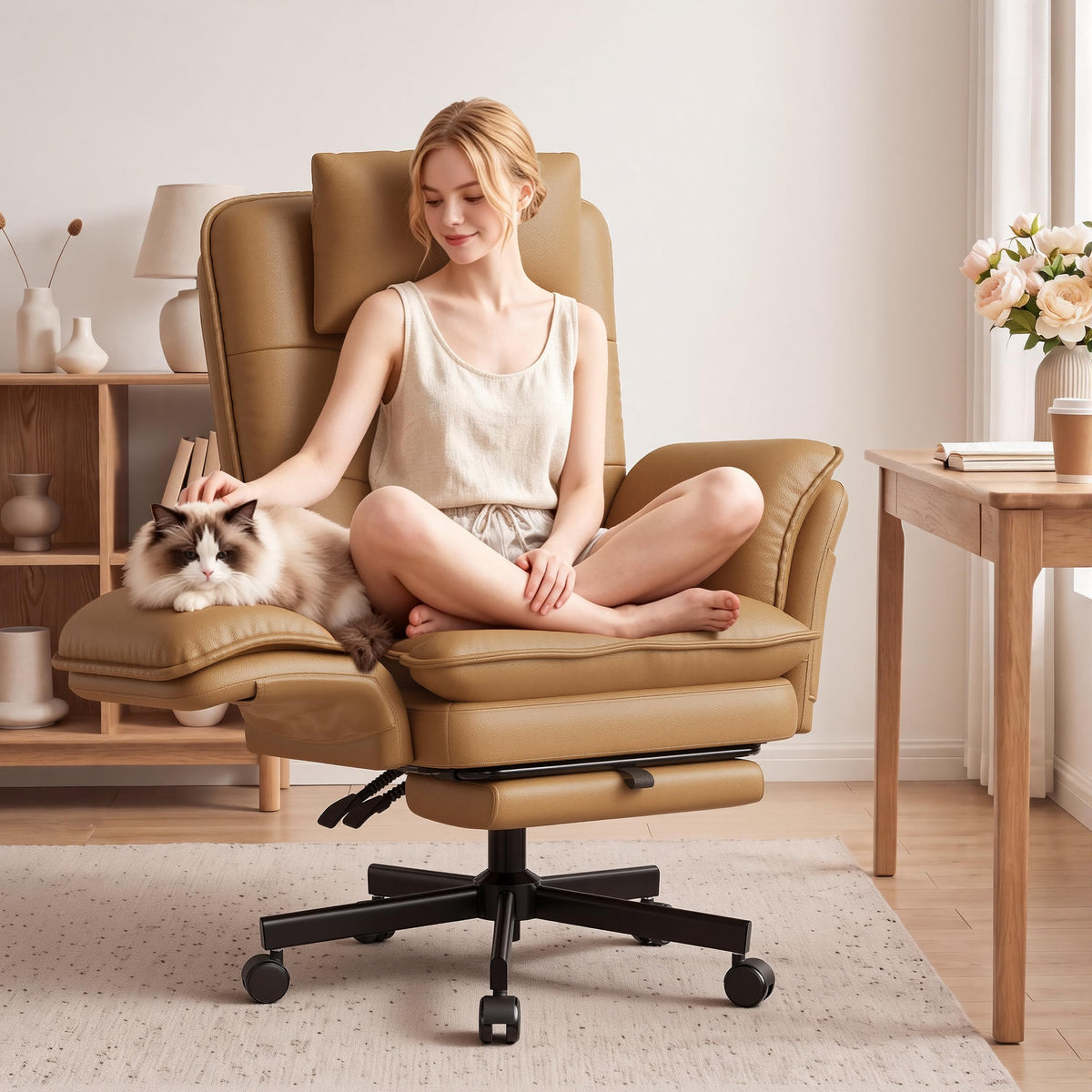 Brown Office Chair with Foot Rest & Flip Armrests V629