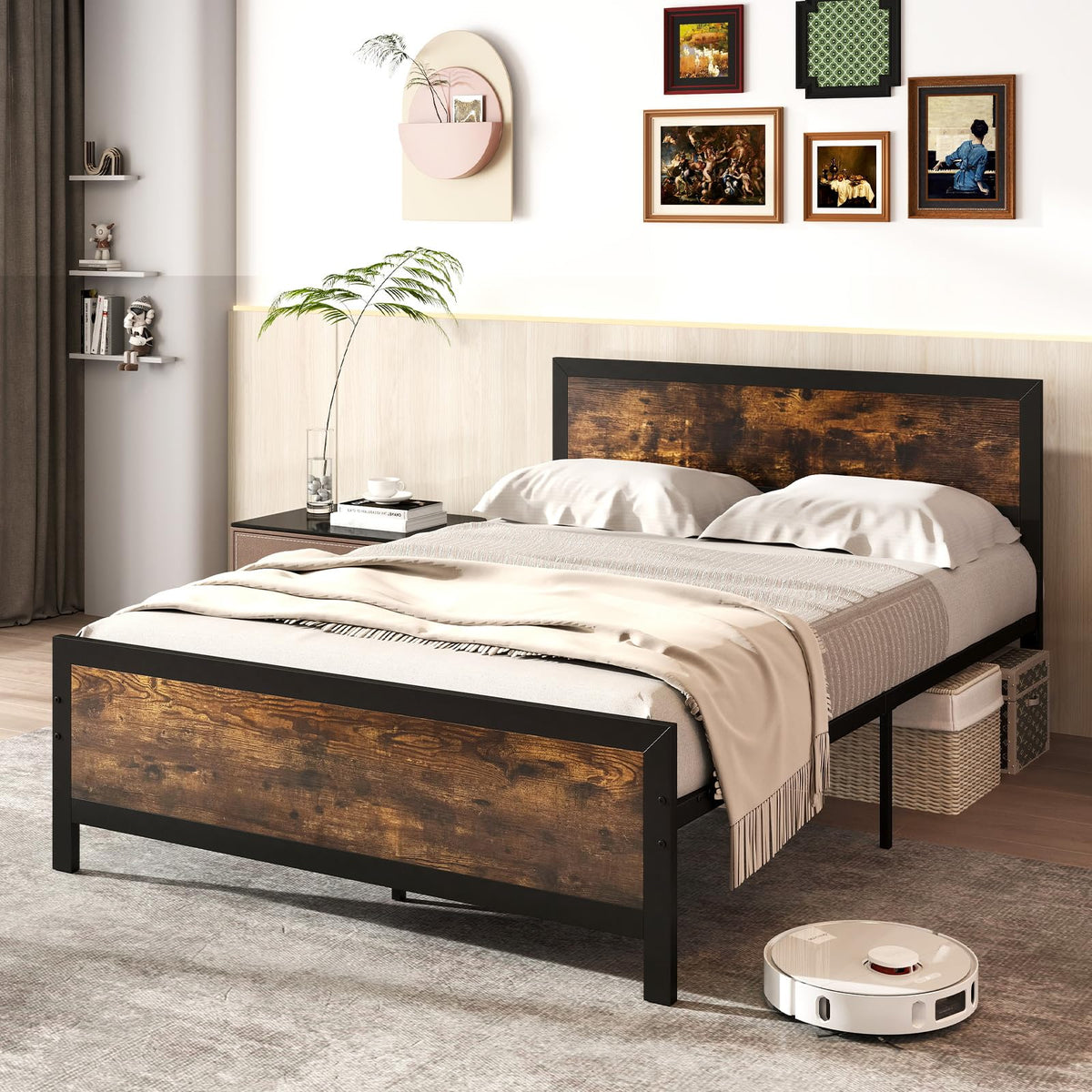 Metal Full Size Platform Bed Frame with Wood Headboard and Footboard R9805