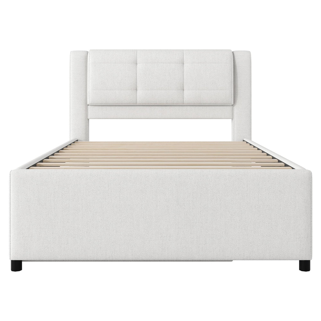 Full Size Linen Fabric Upholstered Platform Bed with Twin Size Trundle B899