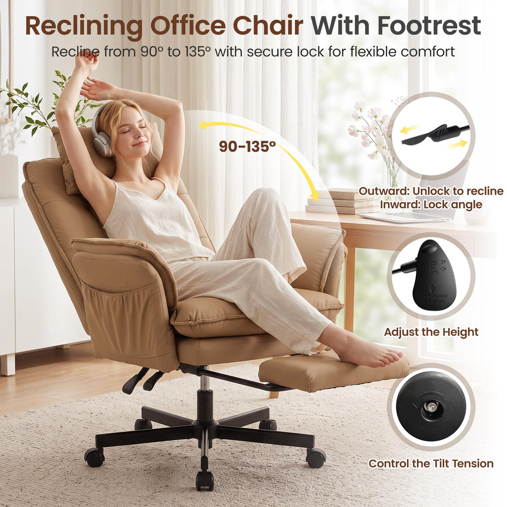 Brown Office Chair with Foot Rest & Flip Armrests V629