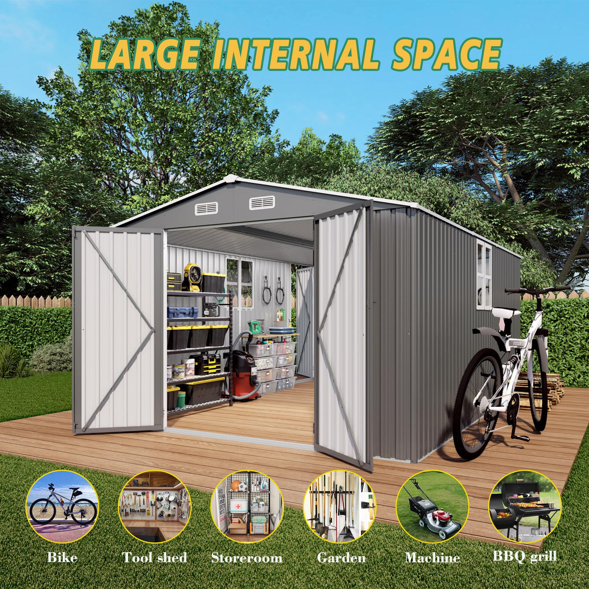 10x14x6.7FT Galvanized Steel Outdoor Storage Shed with Lockable Door & Window K6083