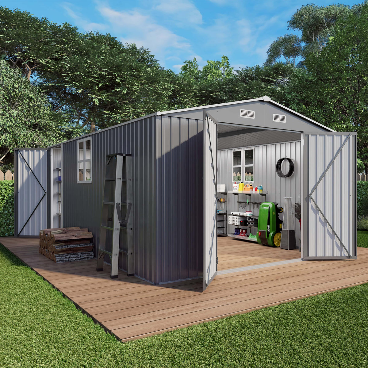 10x14x6.7FT Galvanized Steel Outdoor Storage Shed with Lockable Door & Window K6083