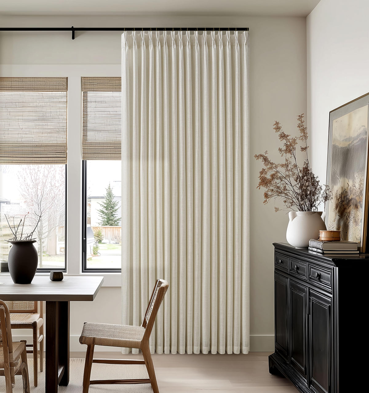 Beige Linen Pleated Light Filtering Curtains N925