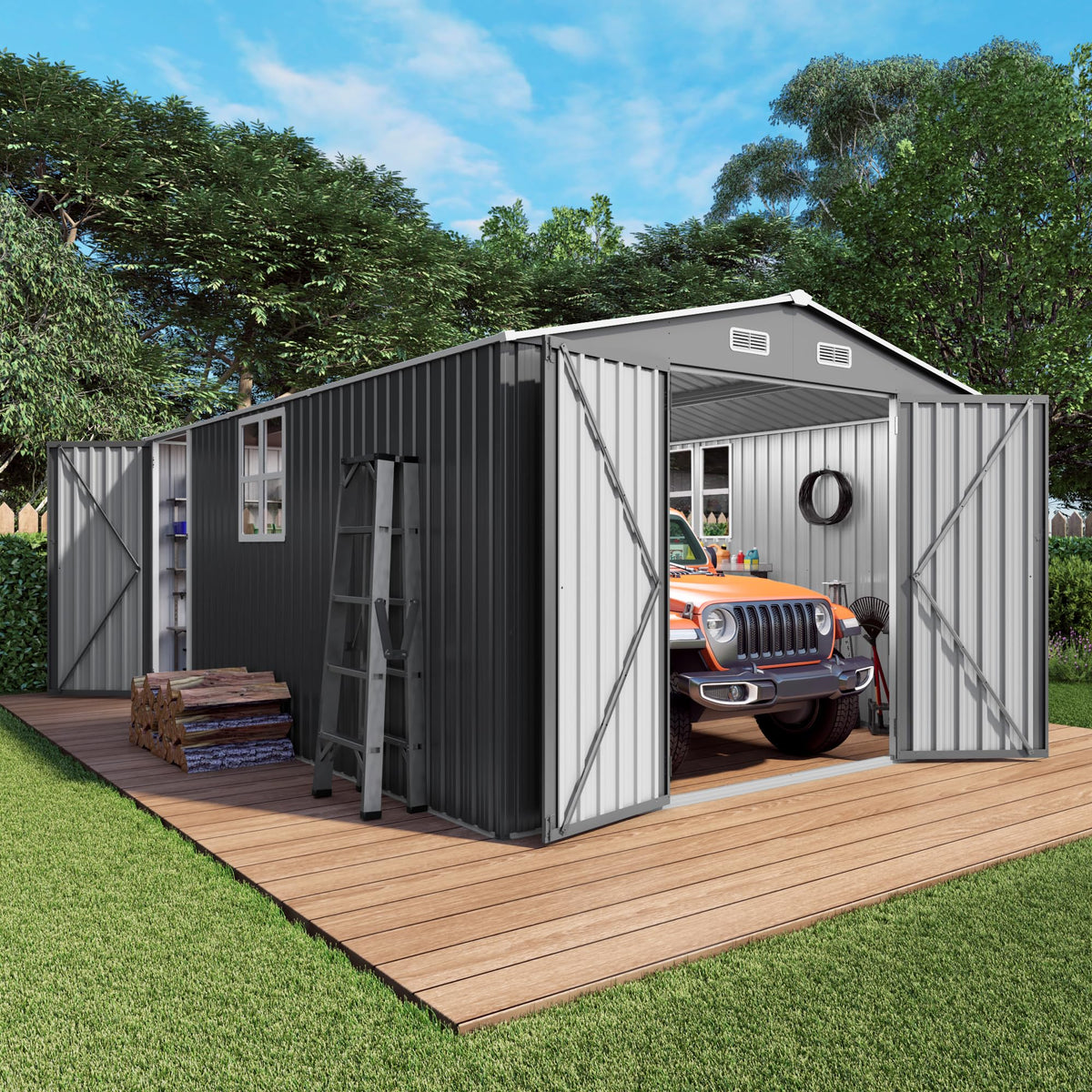 10x14x6.7FT Galvanized Steel Outdoor Storage Shed with Lockable Door & Window K6083
