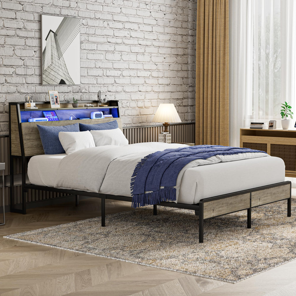 Queen Metal Platform Bed Frame with RGB Lights and Outlets A115