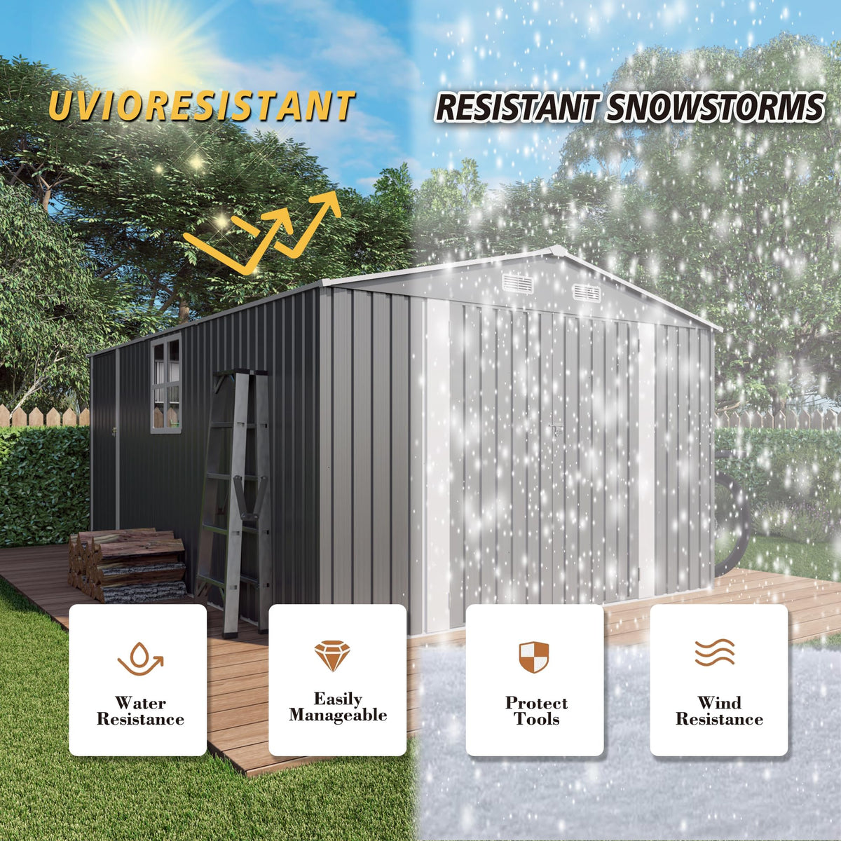 10x14x6.7FT Galvanized Steel Outdoor Storage Shed with Lockable Door & Window K6083