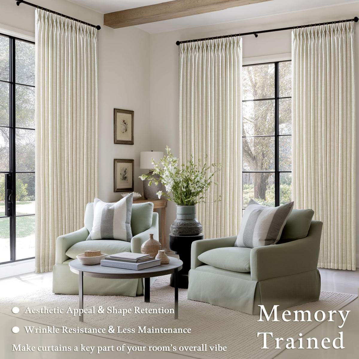 Beige Linen Pleated Light Filtering Curtains N925