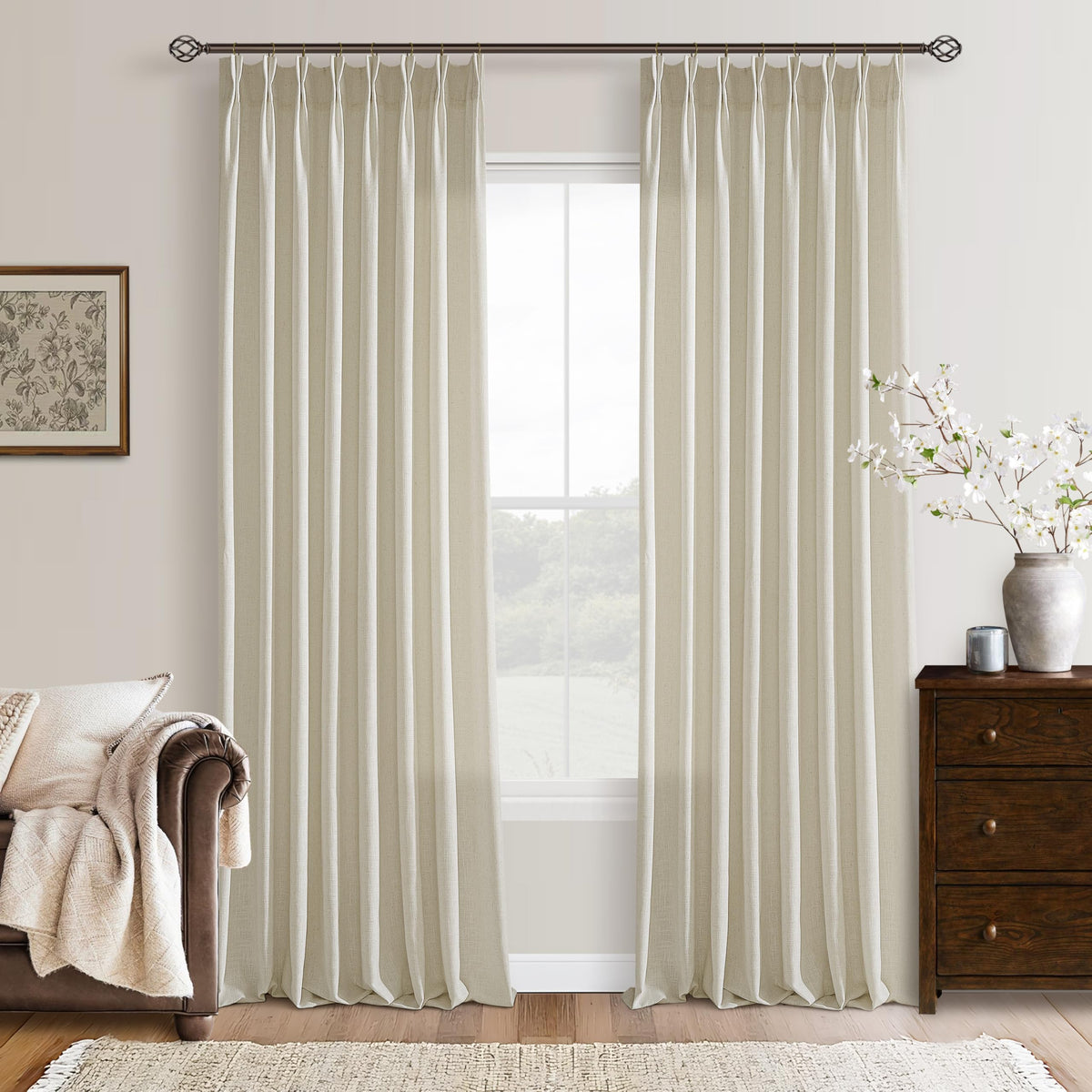 Beige Linen Pleated Light Filtering Curtains N925